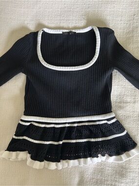 Zara Black & White Ribbed Peplum Knit Top